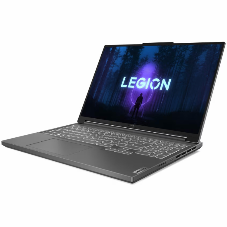 Lenovo Legion laptop, dark grey, screen on, displaying forest scene with purple glow and "LEGION" text.