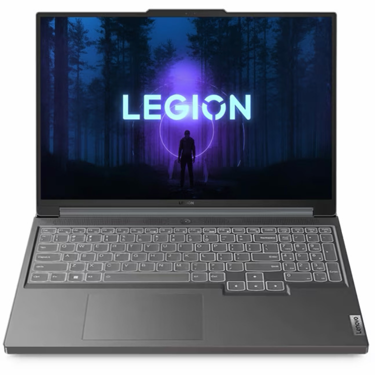 Lenovo Legion laptop, dark grey, 16-inch screen, Legion logo on display.