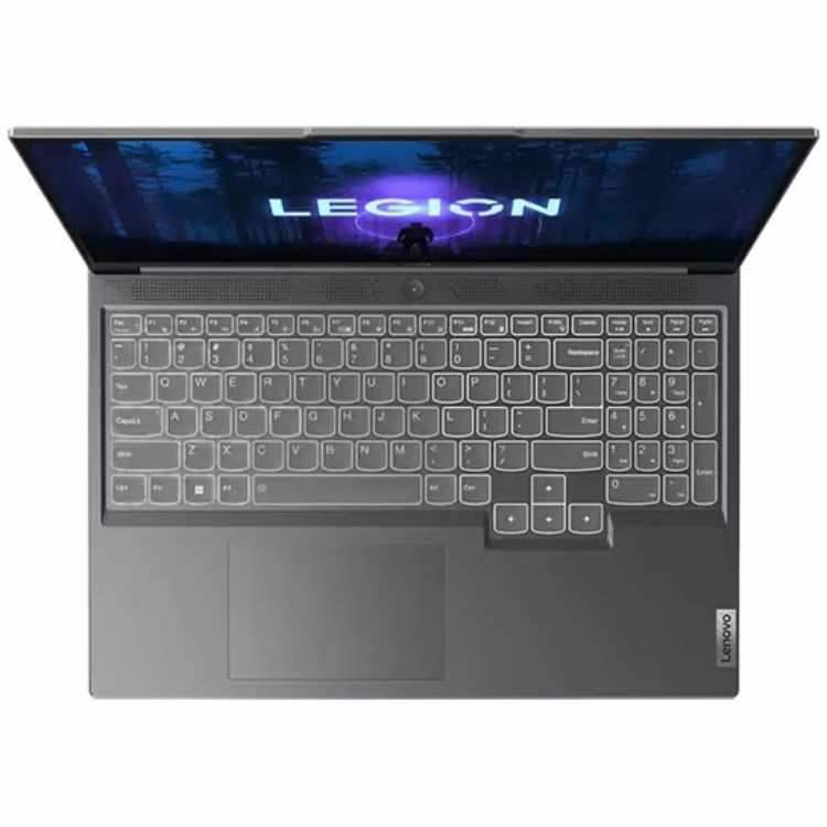 Lenovo Legion laptop, dark grey, keyboard and screen visible, Legion logo on screen.