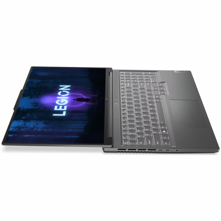 Lenovo Legion laptop, 16" screen, black, open showing keyboard and Legion logo on display.