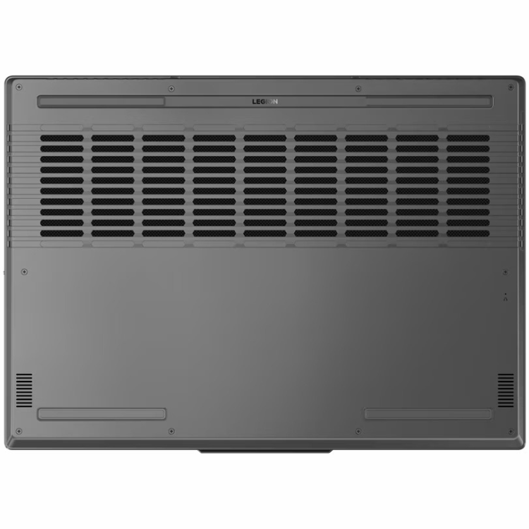 Lenovo Legion laptop back view, dark grey, ventilation grills, Legion logo.