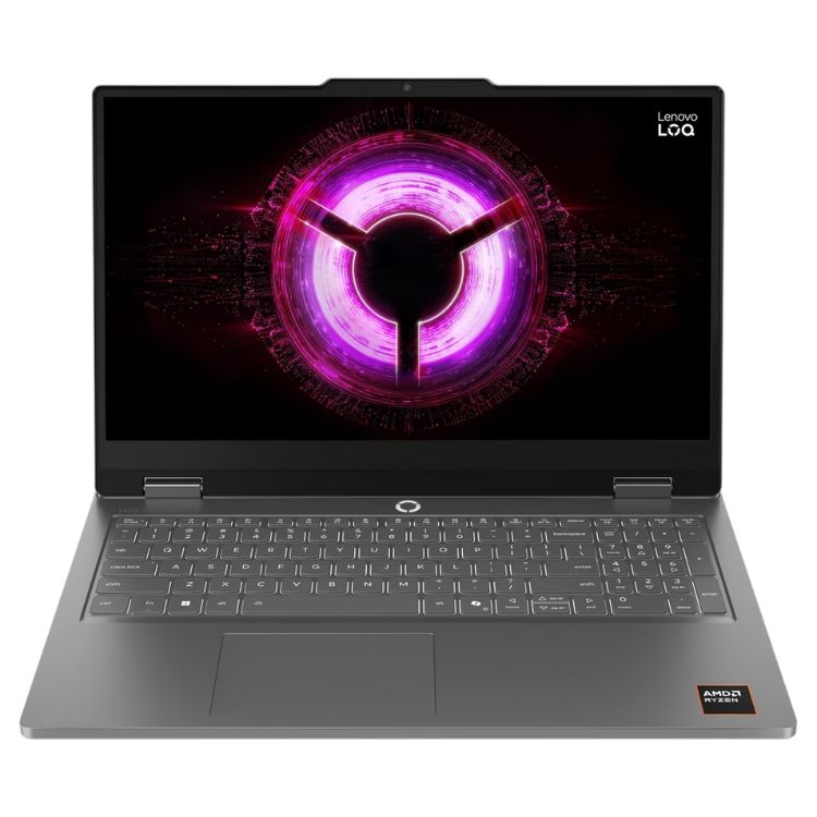 Portátil Lenovo LOQ Gaming 15ARP11-136 cinzento, 15.6 polegadas, com ecrã de efeitos visuais coloridos.