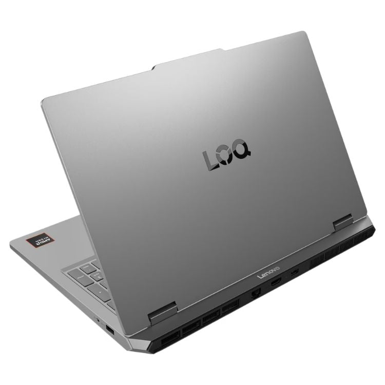 Portátil Lenovo LOQ Gaming 15ARP11-136 cinzento, 15.6 polegadas, com logótipo LOQ na tampa traseira.
