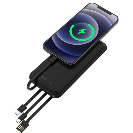 PowerBank Devia Kintone V2 preto 10000mAh com 4 cabos.