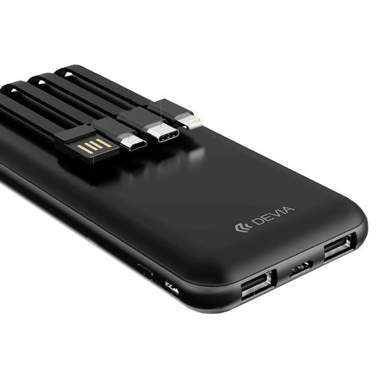 PowerBank Devia Kintone V2 preto 10000mAh com 4 cabos.