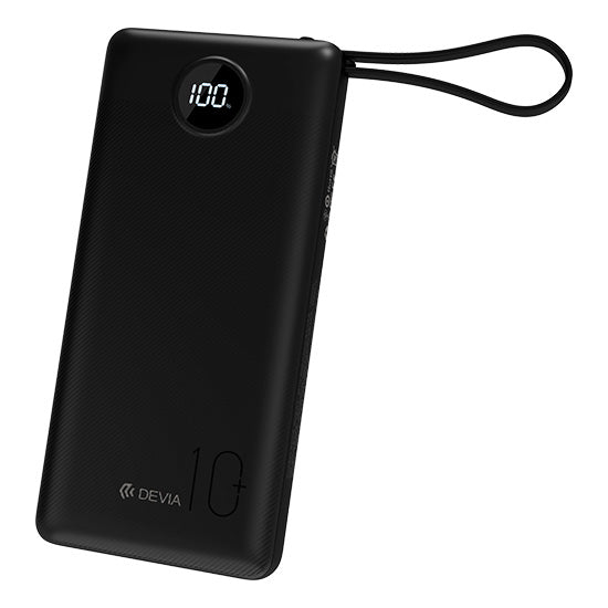 Powerbank Devia Extreme Speed 10000mAh 22.5W preta com ecrã digital e 4 cabos.