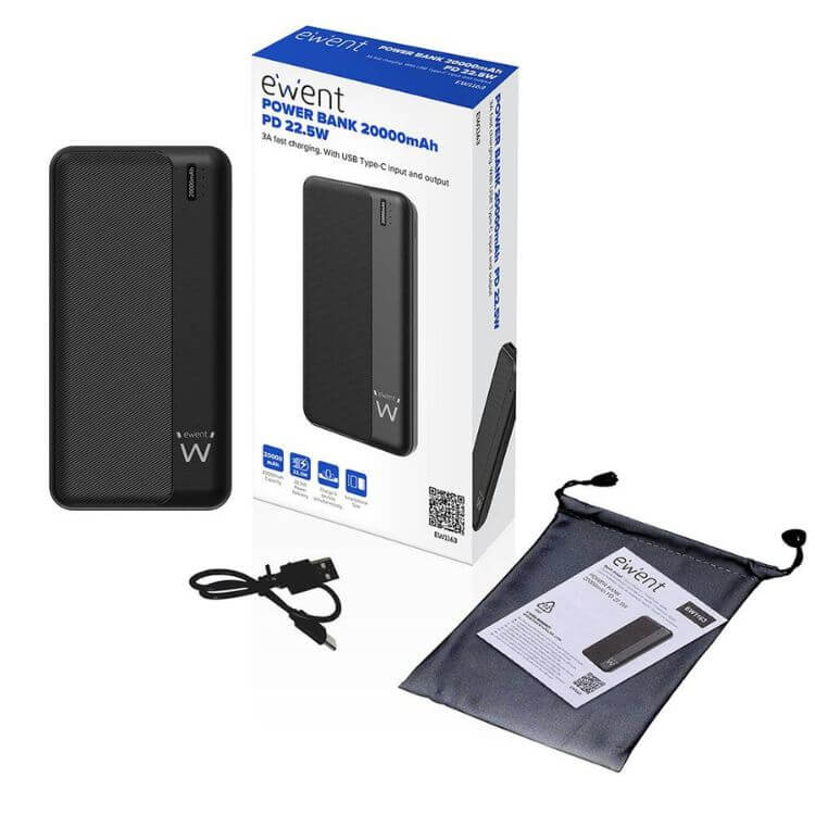 Powerbank Ewent EW1163 20000mAh 22.5W USB-C/USB-A/Micro Preto