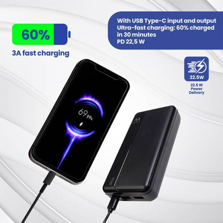 Powerbank Ewent EW1163 20000mAh 22.5W USB-C/USB-A/Micro Preto