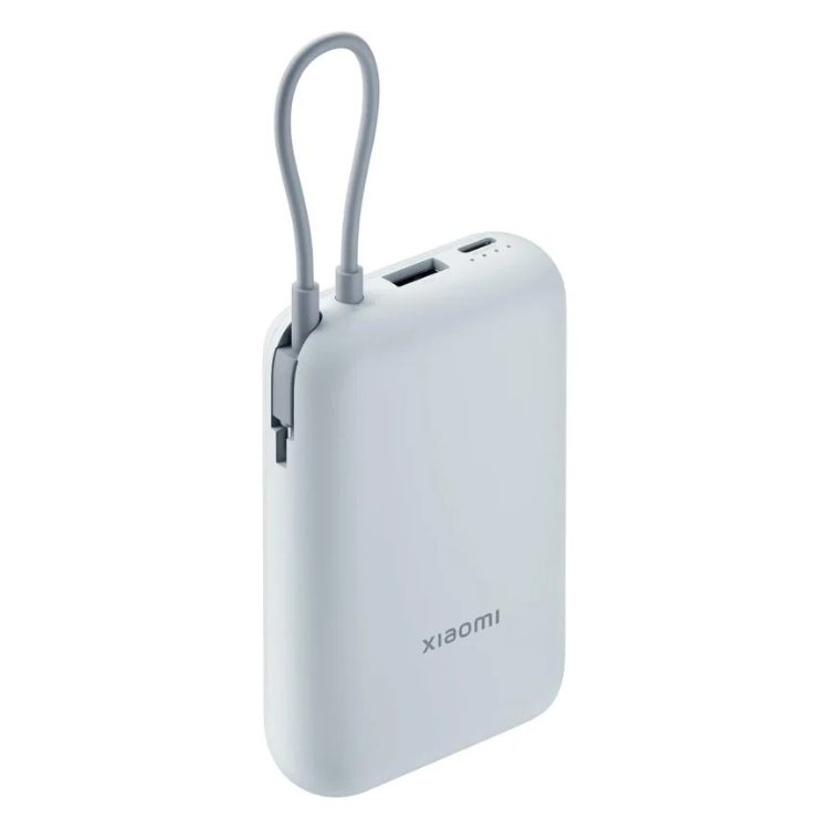 Powerbank Xiaomi branco 10000mAh com cabo integrado e marca Xiaomi.