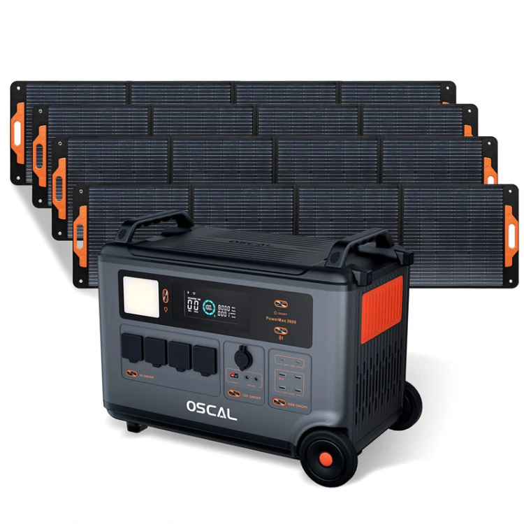 Oscal Powermax 3600 portable power station with 4 solar panels, gray and orange, digital display and controls.