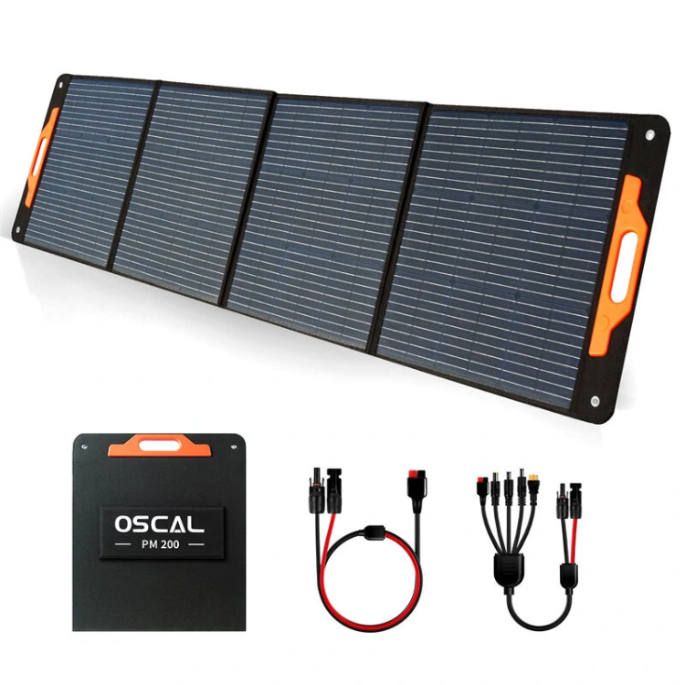 Oscal PM200 solar panel and accessories, black with orange accents.