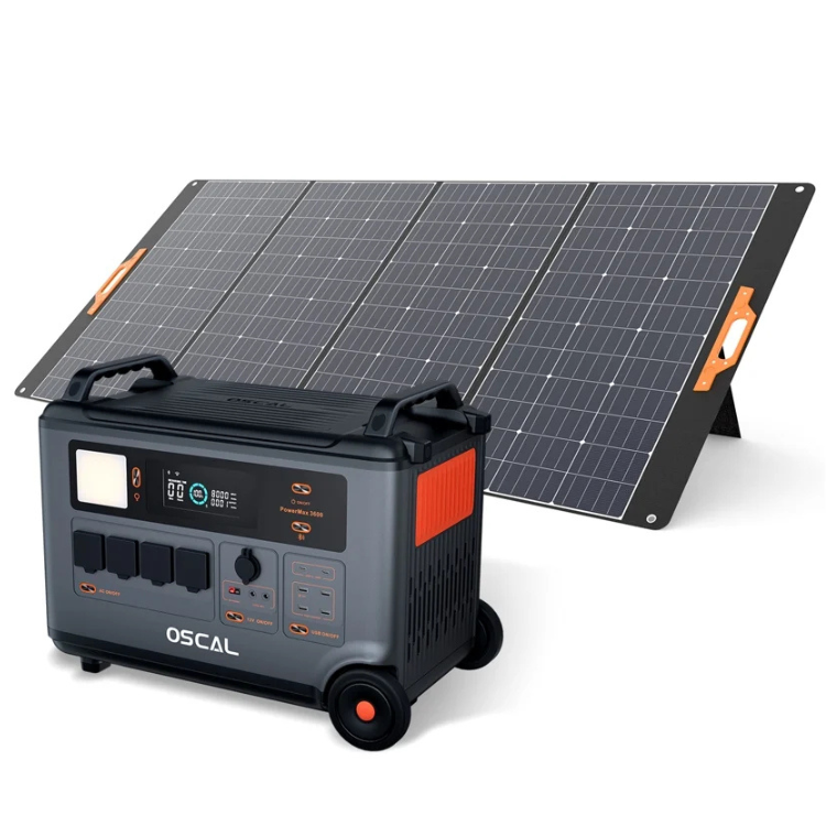 Oscal Powermax 3600 portable power station with 4 solar panels, black and orange, digital display and controls.
