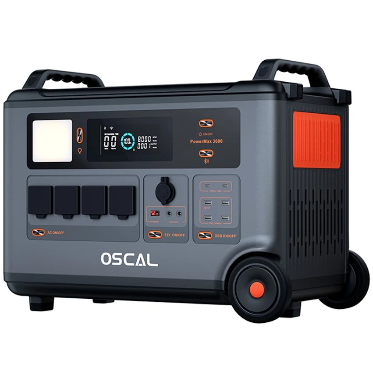 Oscal PowerMax 3600 portable power station, gray and black with orange accents, digital display and buttons.