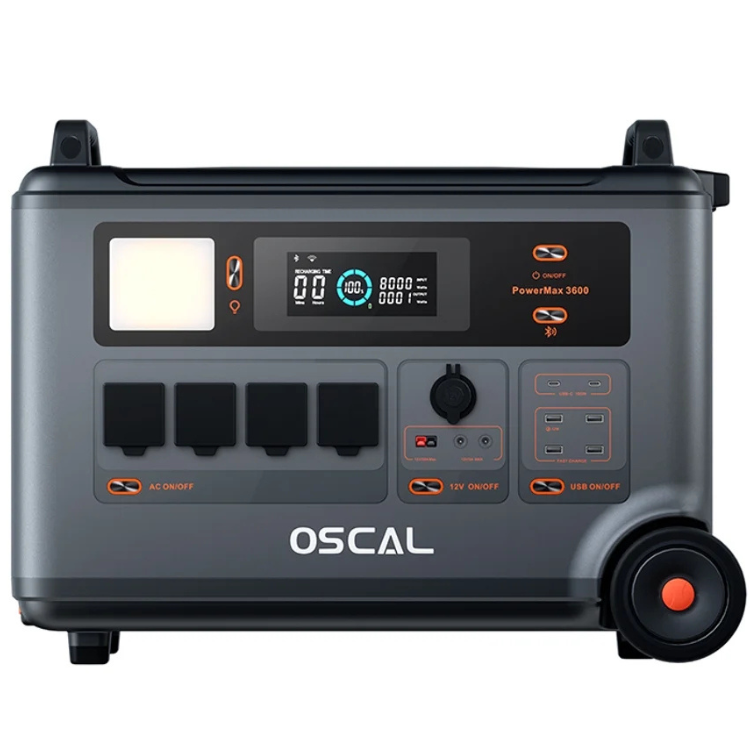 Oscal PowerMax 3600 portable power station, dark gray, with digital display and multiple outlets.