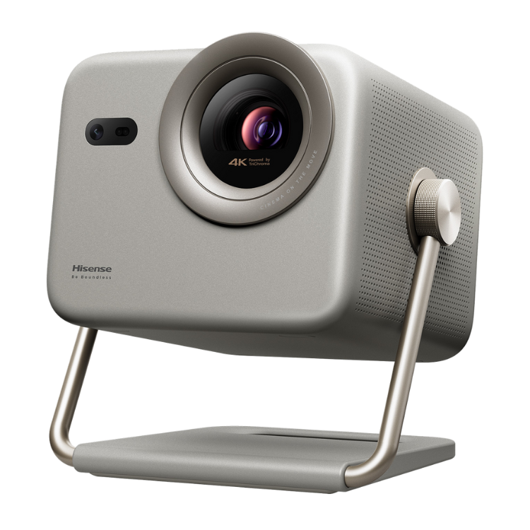 Projetor laser Hisense M2 Pro 4K UHD cinzento com suporte.