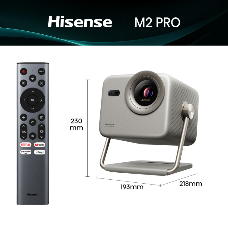 Projetor laser Hisense M2 Pro cinzento com controlo remoto.