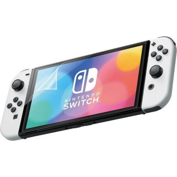 HORI Nintendo Switch OLED screen protector, white console with colorful display.