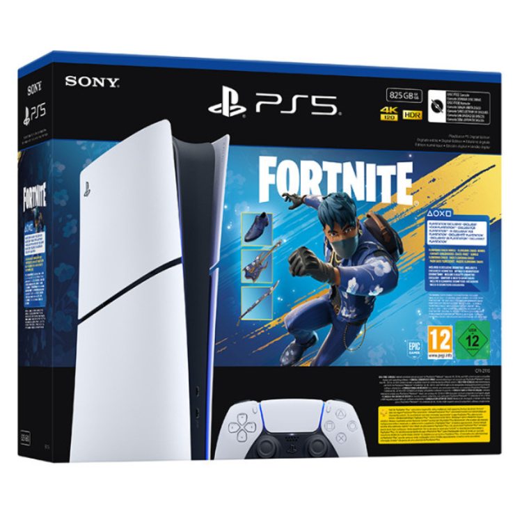 Sony PS5 Slim Digital Edition 825GB Fortnite bundle box, white console, blue accents.