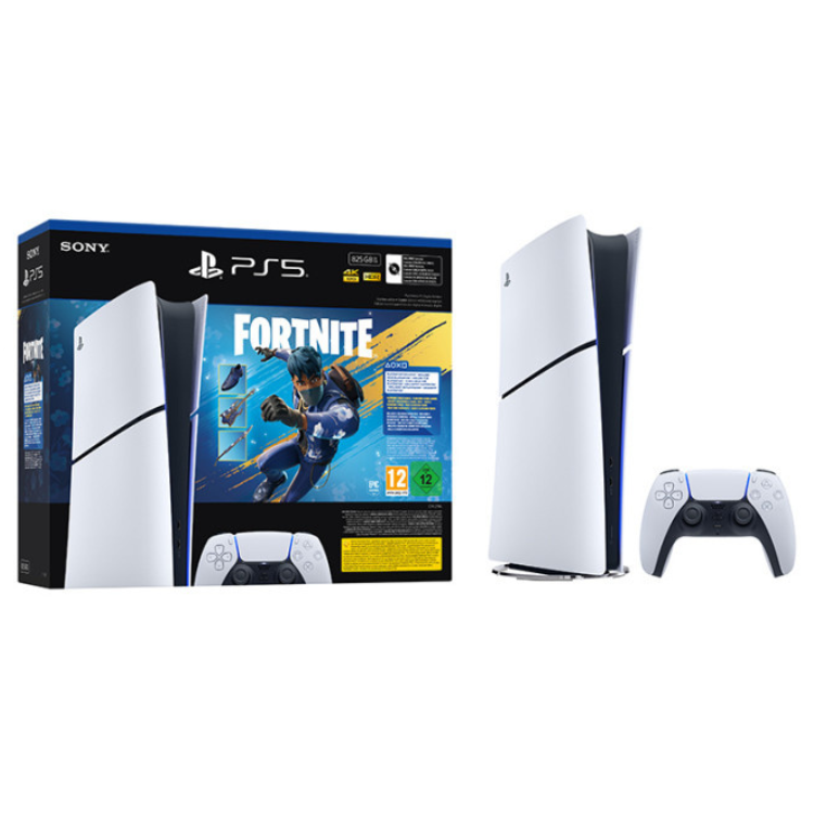 Sony PlayStation 5 Slim Digital Edition console, white, with controller and Fortnite game bundle box.