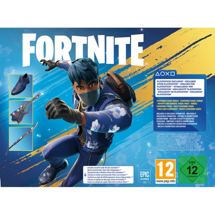 Fortnite game packaging with character and accessories, blue and yellow background.