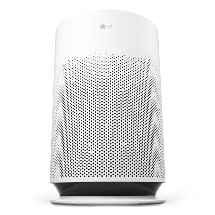 Purificador de ar LG PuriCare 360 Hit branco com grelha perfurada frontal.