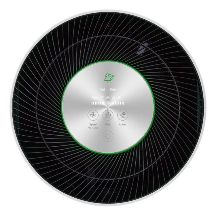 Purificador de Ar LG PuriCare 360 Hit Air Purifier Branco, com painel de controlo prateado e luz verde.