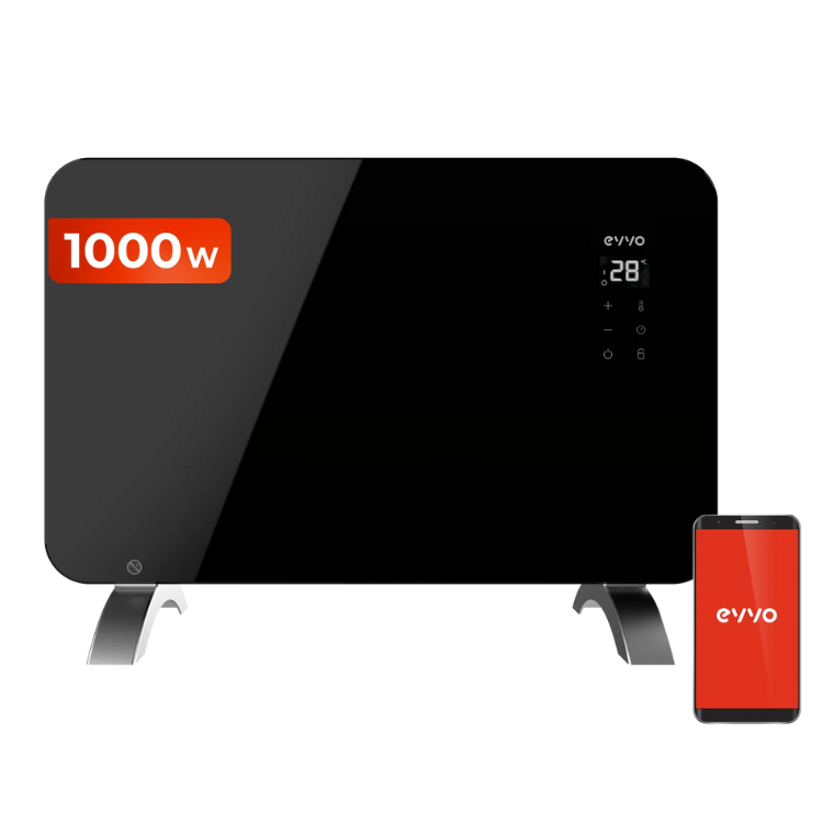Aquecedor Radiador Convector Evvo C1000 Crystal preto 1000W com painel digital e controlo remoto.
