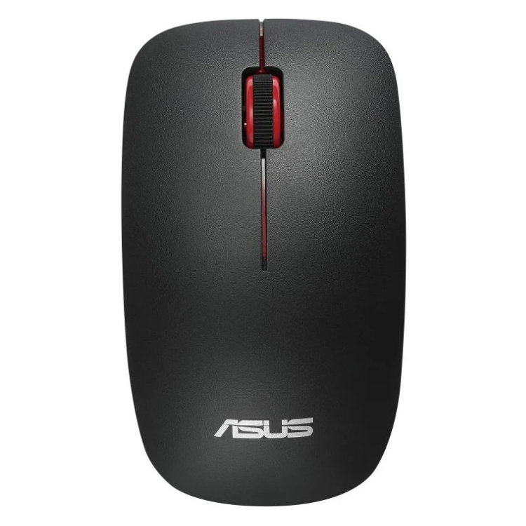 Black wireless mouse, ASUS logo, red scroll wheel.
