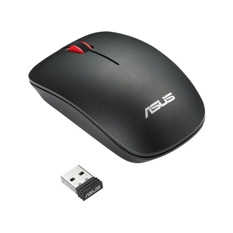 Black wireless mouse with red scroll wheel and ASUS logo, with USB receiver.