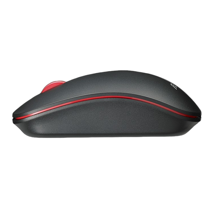 Black wireless mouse with red accents, Asus brand.