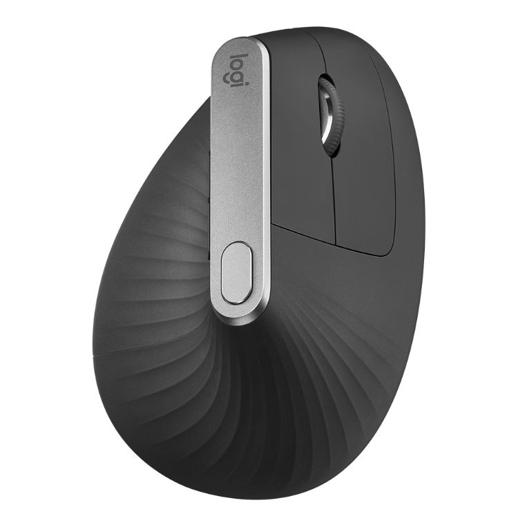 Logitech MX Vertical Advanced mouse, black, ergonomic design with silver accents.