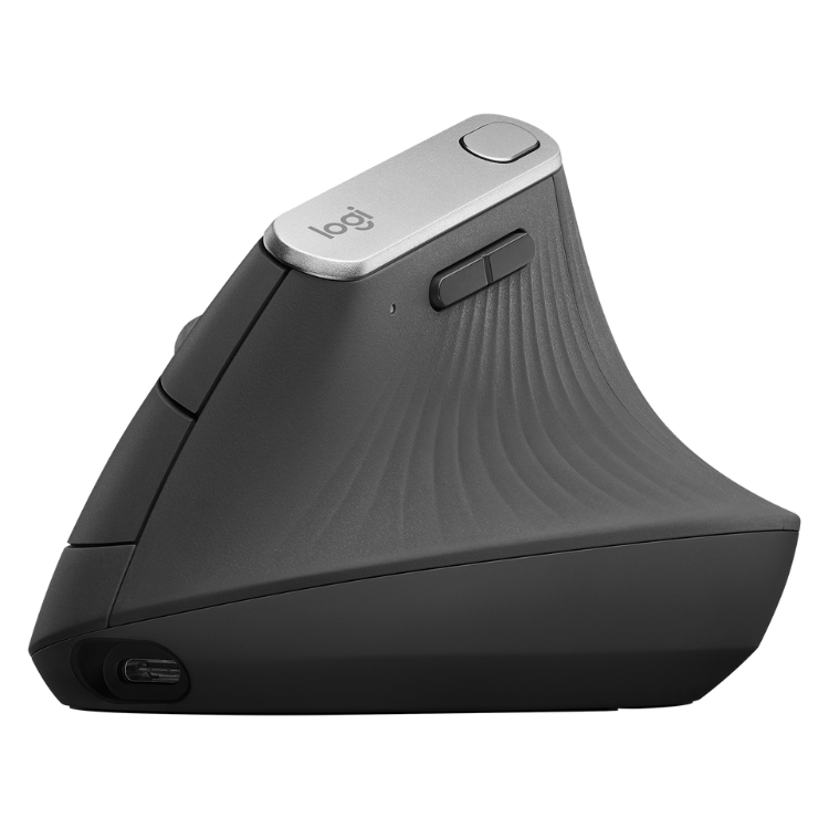 Logitech MX Vertical Advanced mouse, black, ergonomic design with silver top.
