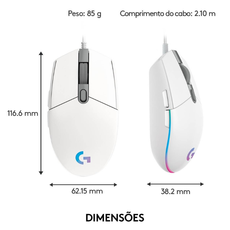 Logitech G203 Lightspeed RGB white gaming mouse, 8000 DPI, with colorful logo and cable.
