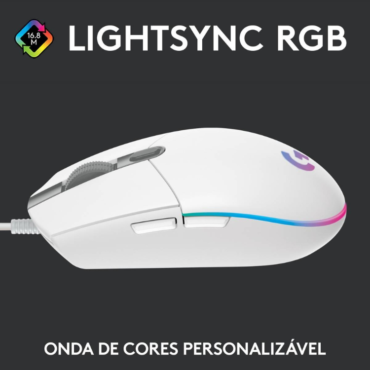 Logitech G203 Lightsync RGB white gaming mouse with customizable color wave.