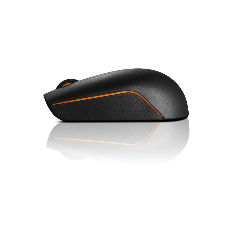 Black wireless mouse with orange accents, 1000 DPI, Lenovo brand.