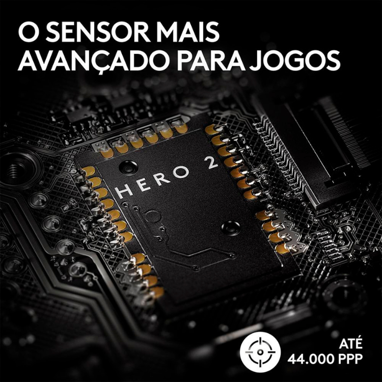 Black computer chip with "HERO 2" and gold components, 44000 DPI.
