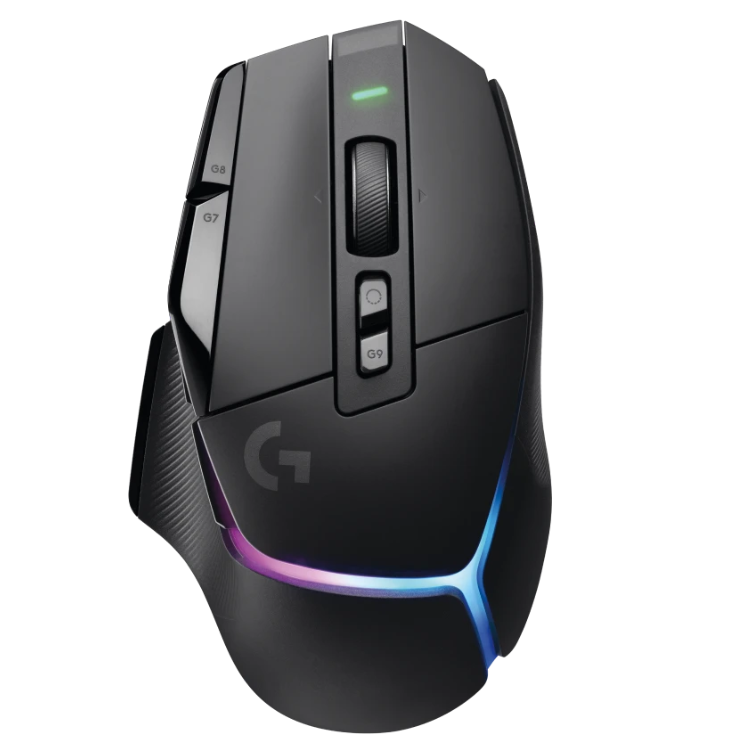 Black Logitech G502 X Plus gaming mouse with RGB lighting and 25600 DPI.
