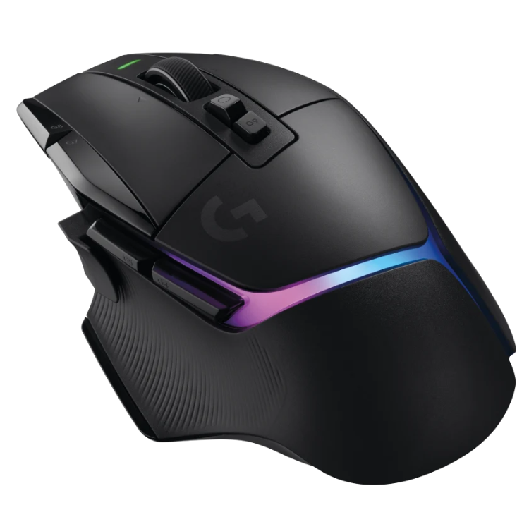Black Logitech G502 X Plus gaming mouse with RGB lighting and 25600 DPI, wireless.