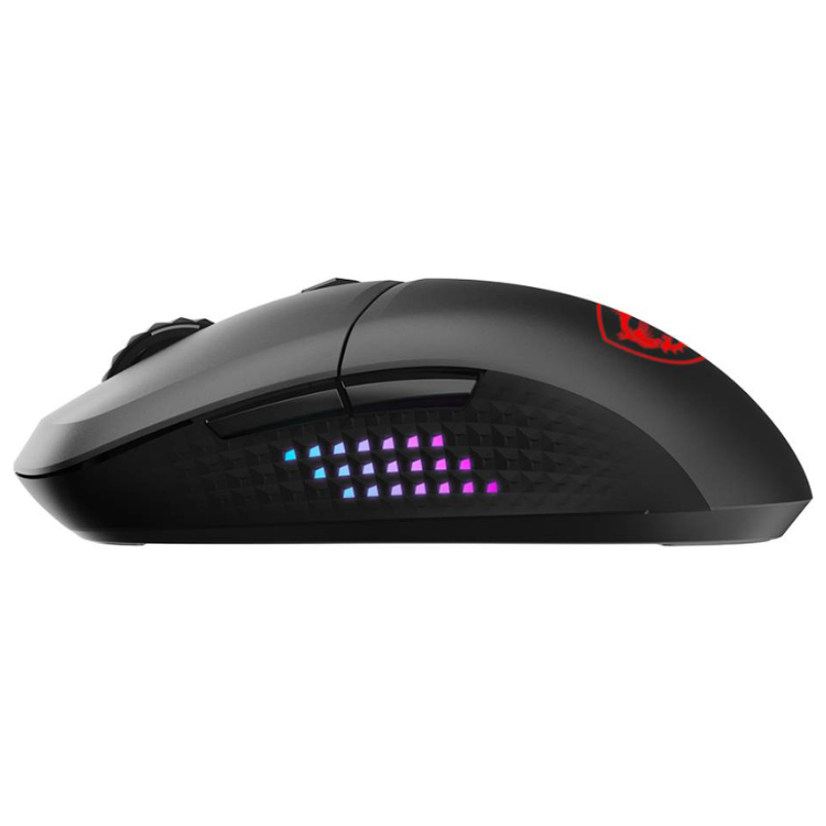 Black MSI gaming mouse with RGB lights, 26000 DPI, red logo