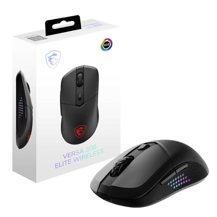 Black MSI Versa 300 Elite RGB wireless gaming mouse, 26000 DPI.
