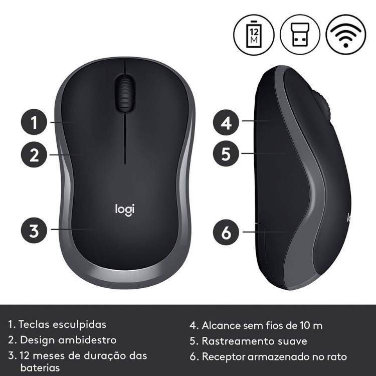 Rato Óptico Logitech M185 Wireless Cinzento