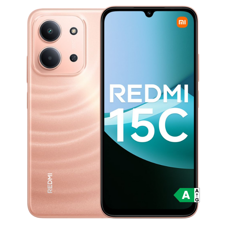 Smartphone Xiaomi Redmi 15C cor laranja, câmara tripla e ecrã com logótipo Redmi e Mi.
