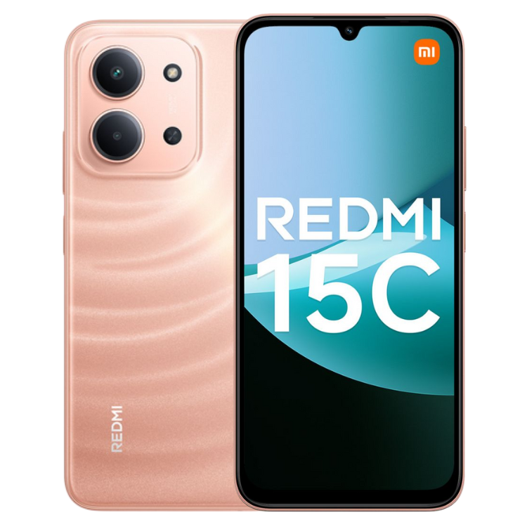 Smartphone Xiaomi Redmi 15C cor laranja, câmara tripla e ecrã com logótipo Redmi e Mi.