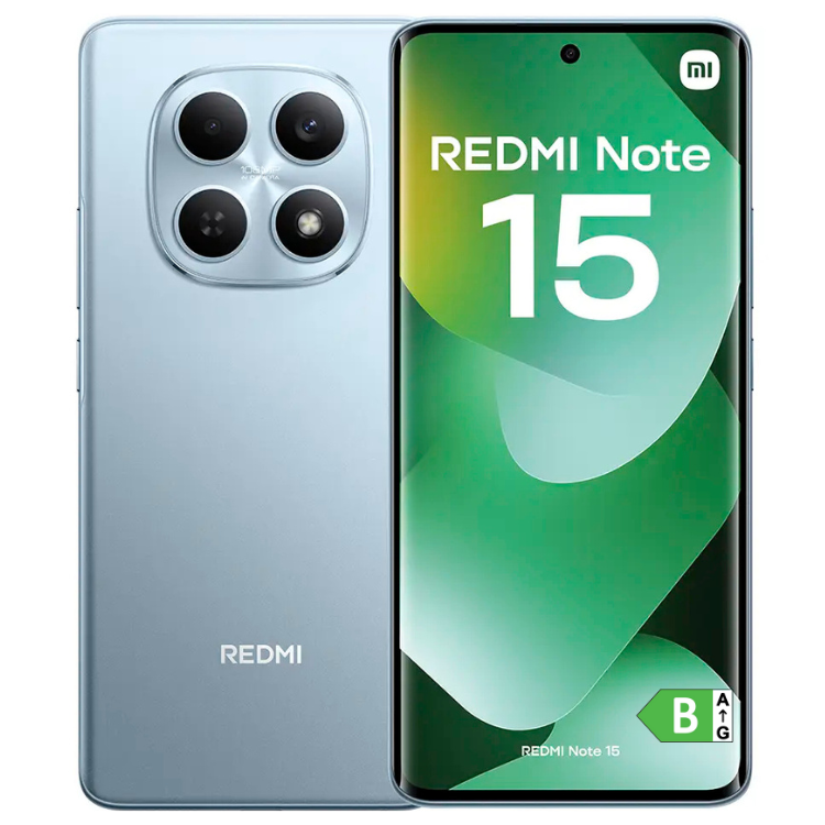 Smartphone Xiaomi Redmi Note 15, azul, 8GB/256GB, câmaras quádruplas e ecrã com logótipo Redmi e número 15.