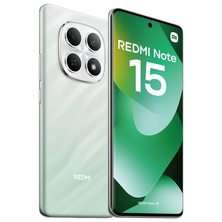 Smartphone Xiaomi Redmi Note 15 verde, 8GB/256GB, Dual Sim, com quatro câmeras e ecrã verde.