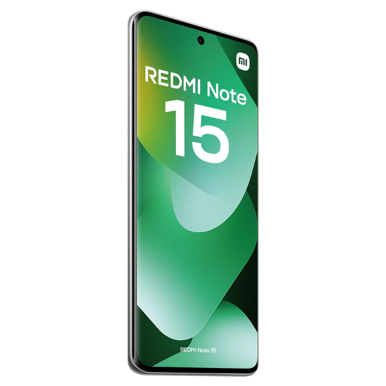Smartphone Xiaomi Redmi Note 15 verde, com ecrã verde e logotipo Mi.