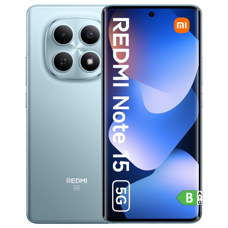 Smartphone Xiaomi Redmi Note 15 5G azul, 12GB/512GB, câmaras quádruplas e ecrã com logótipo Redmi e Mi.