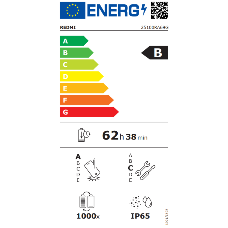 Etiqueta energética do smartphone Xiaomi Redmi, eficiência B, bateria 62h 38min.