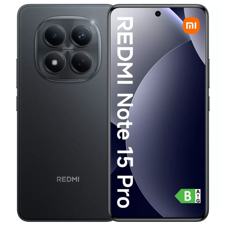 Xiaomi Redmi Note 15 Pro preto, 12GB/512GB, câmara quádrupla e ecrã com logótipo Redmi e Mi.