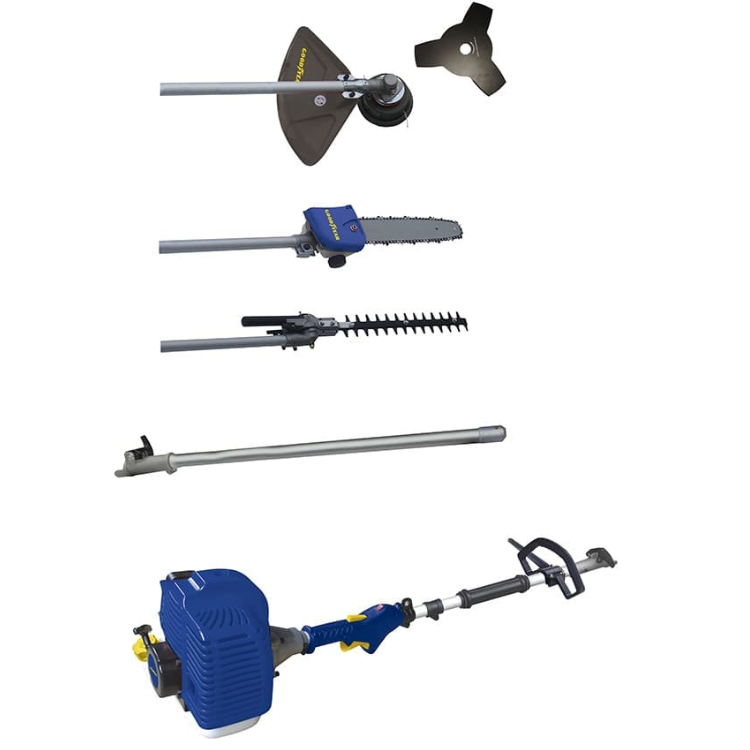 Goodyear GY43MC 4-in-1 multifunctional brush cutter, blue and yellow, with various attachments.